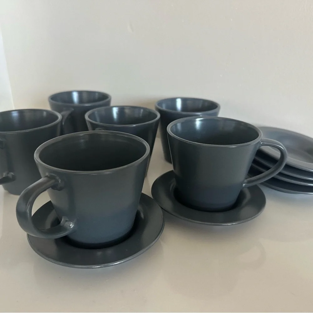 IKEA Dinera Dark Gray Ceramic Espresso Cups with Saucers - Set of 6
